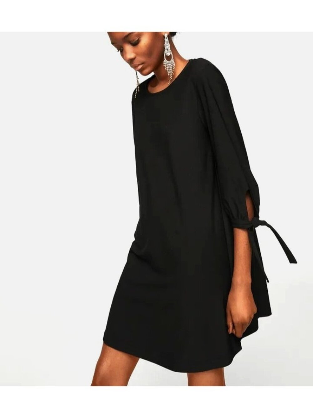 Mango Little Black Dress Shift 3/4 Tie Sleeves Stretch Timeless Classic Size S‎